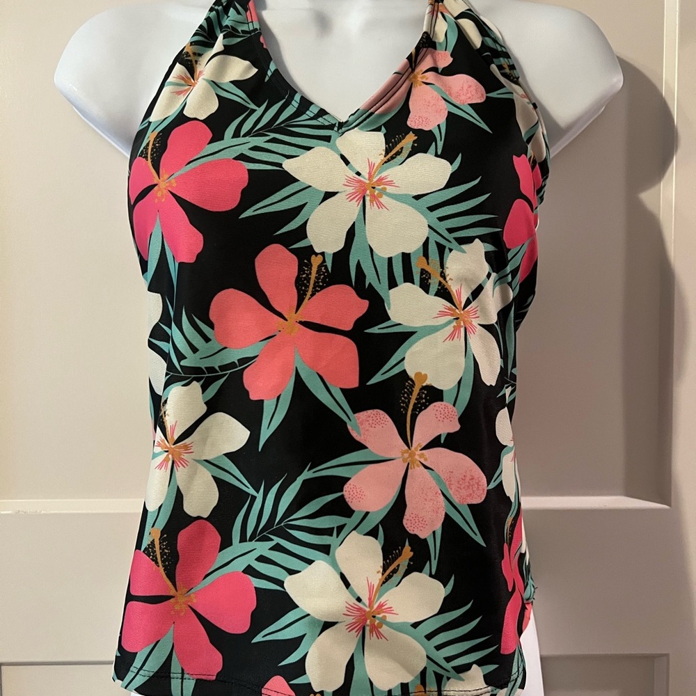 NWT Bobbie Brooks Swimsuit Takini Top Sz Large Tropical Print Pink Black